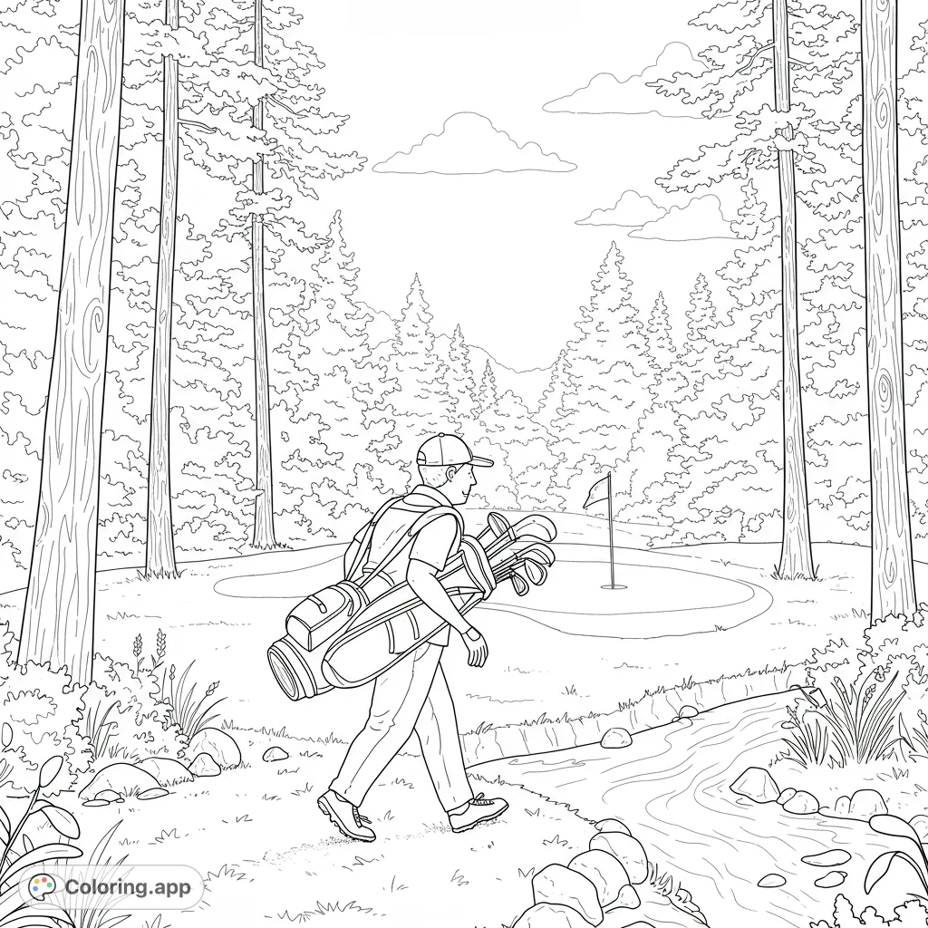 A serene golf course coloring page featuring a golfer walking with clubs amidst tall pine trees, a putting green, and a peaceful stream.