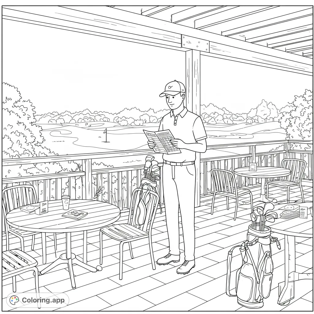 A detailed golf course patio coloring page featuring a golfer, golf bags, and outdoor seating overlooking a scenic green. Perfect for sports fans!
