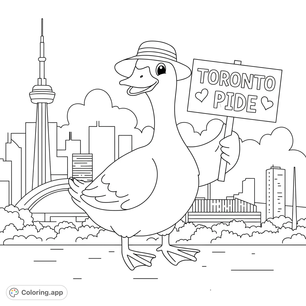 A cheerful goose in a hat holds a Toronto Pride sign against a detailed city skyline with the CN Tower and a rainbow. A free printable coloring page.