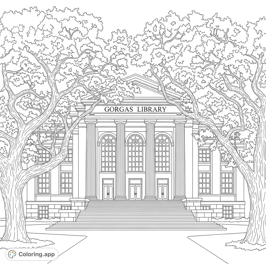 Discover the grandeur of Gorgas Library with this detailed coloring page featuring neoclassical architecture, tall columns, arched windows, and majestic oak trees.