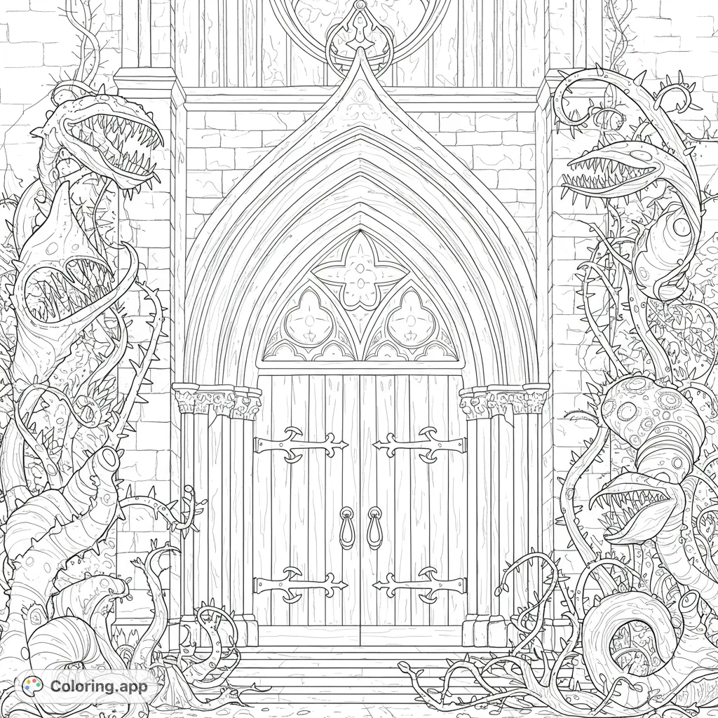 Unleash your creativity on this gothic door coloring page, guarded by monstrous, toothy plants. A free printable coloring page for fantasy fans!