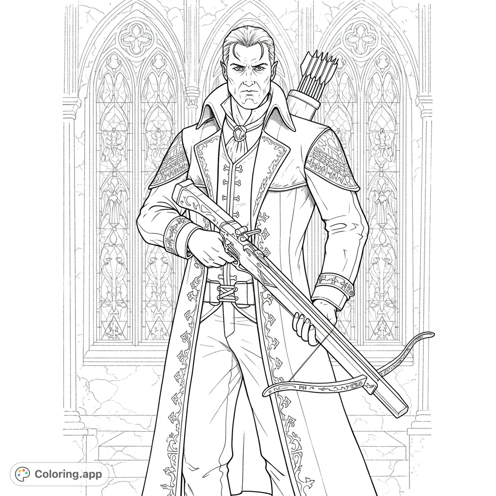 A detailed fantasy hunter coloring page featuring a stern character with a crossbow against intricate gothic stained-glass windows. Free printable coloring page for adults.