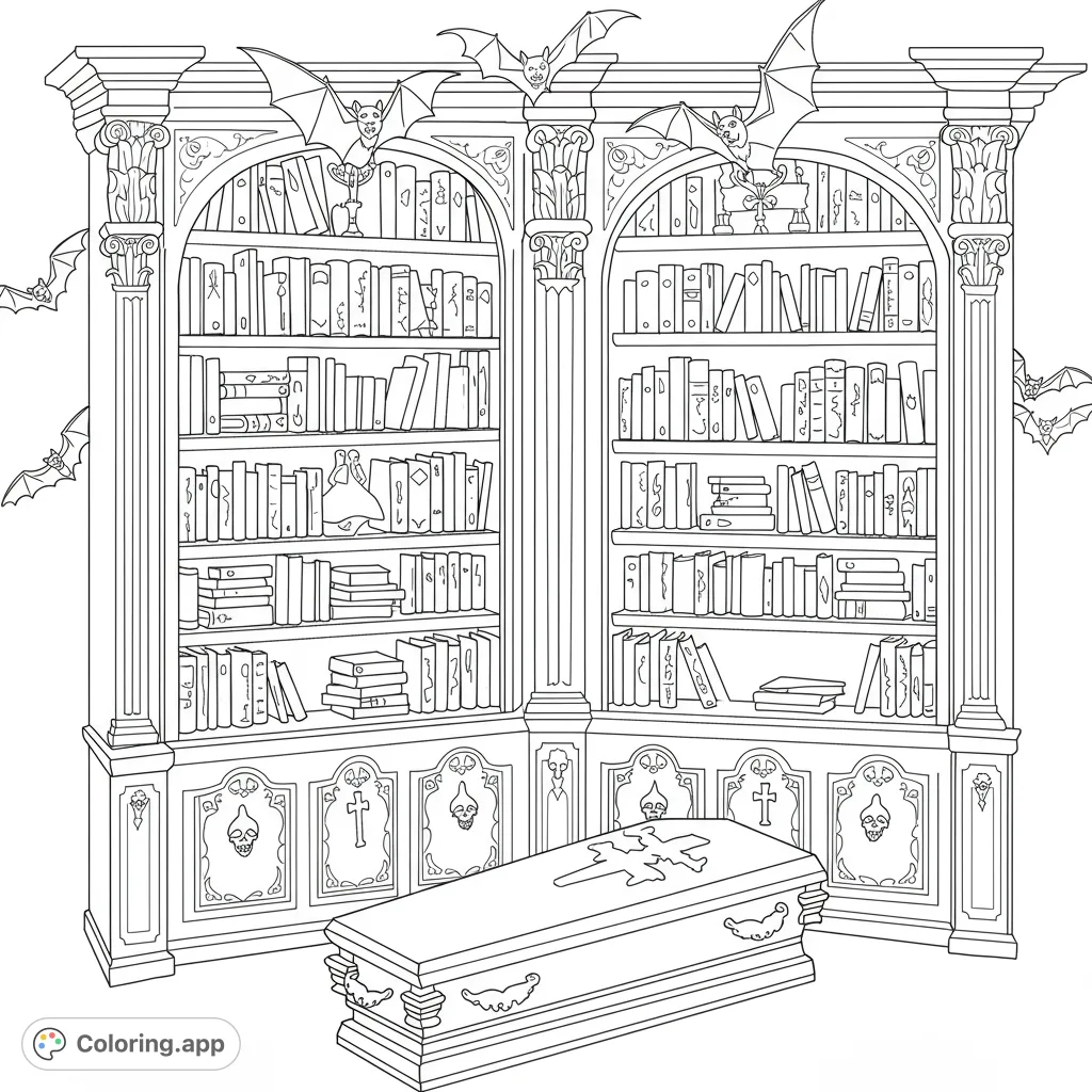 Explore a spooky gothic library coloring page featuring ornate bookshelves, a mysterious coffin, and flying bats. Perfect for Halloween fun!