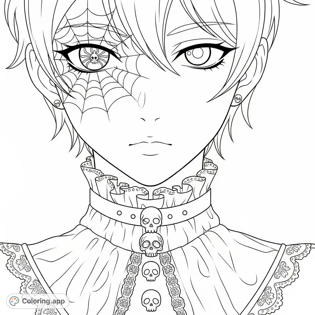 A captivating gothic character portrait featuring intricate spiderweb makeup, a ruffled costume with lace and skull buttons, and an ornate skull charm.