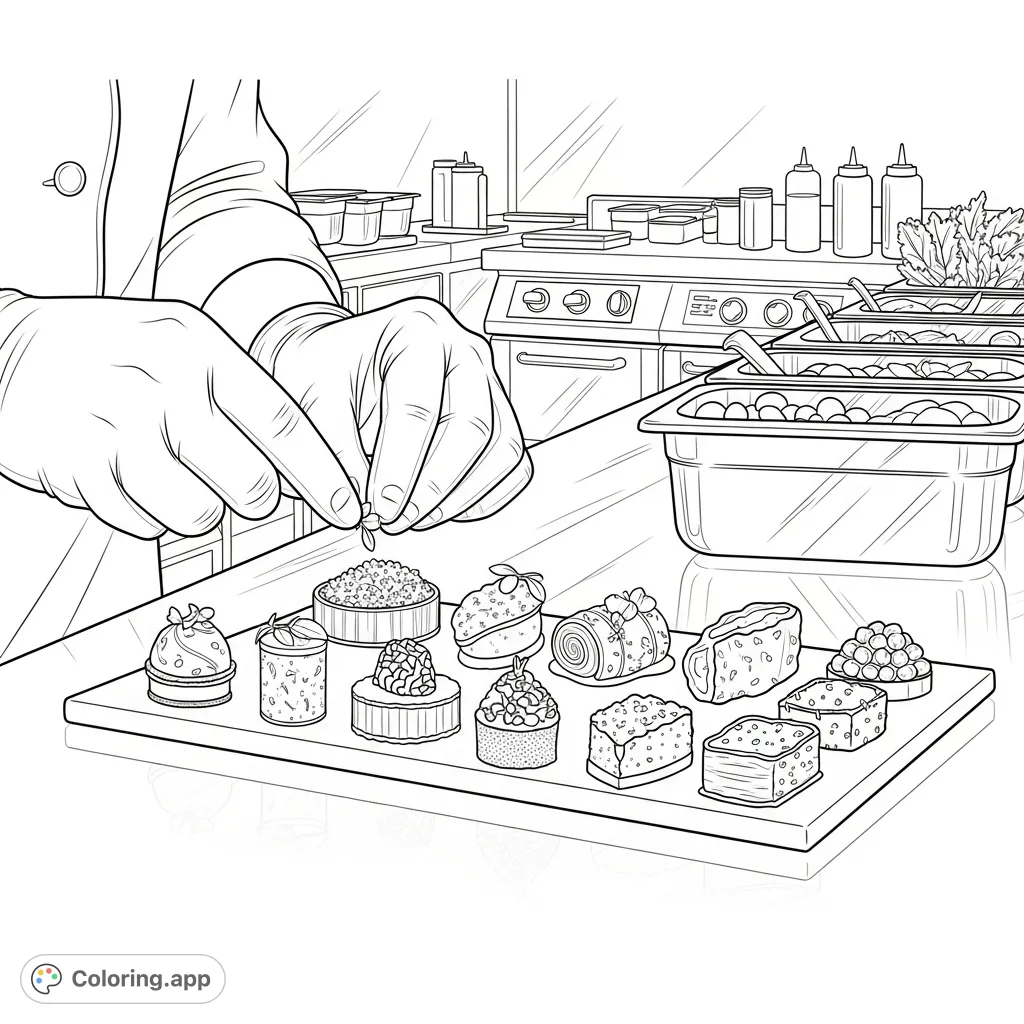 Experience the art of culinary presentation with this intricate gourmet appetizer coloring page. Perfect for food enthusiasts and detailed colorists.