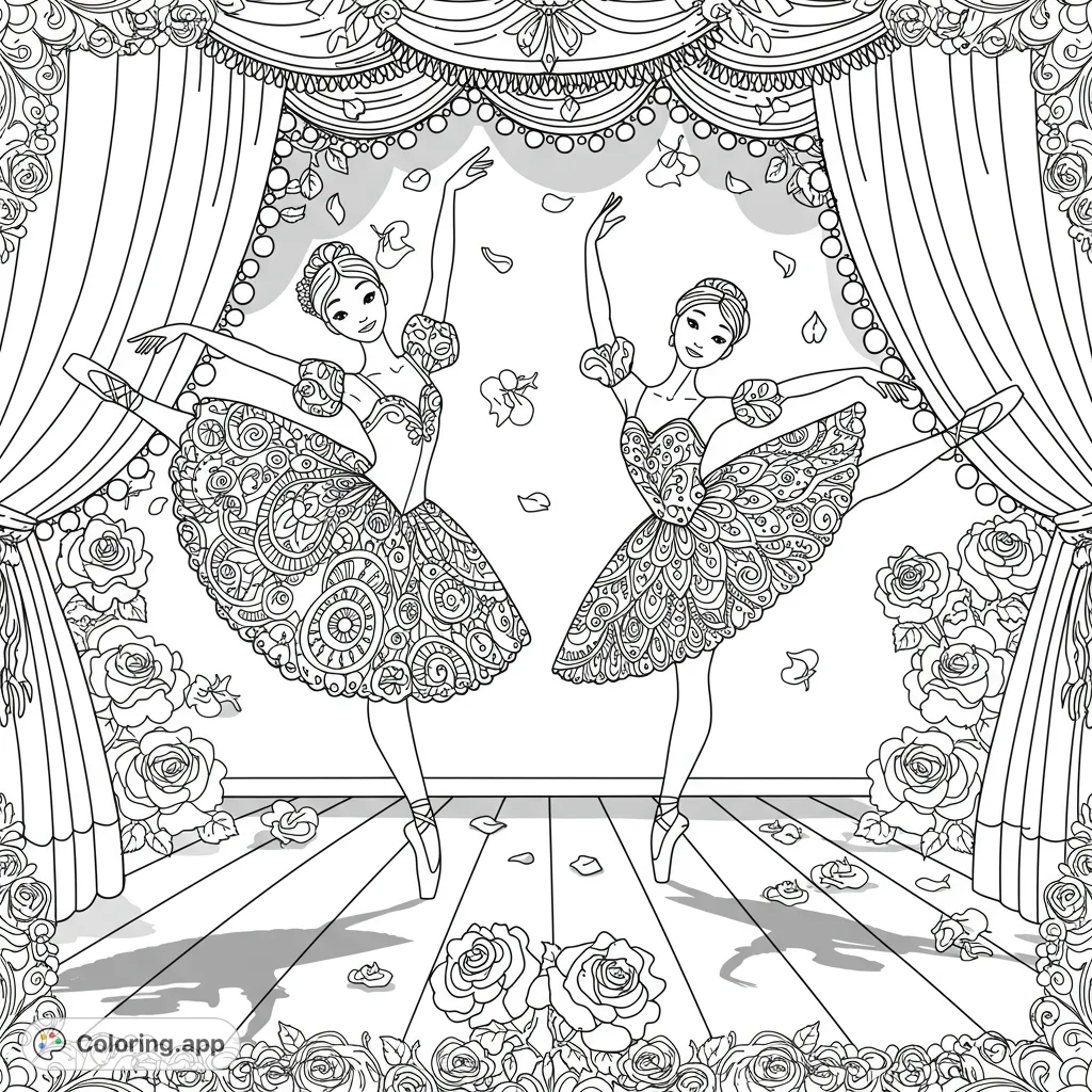Graceful ballerinas dance on a rose-strewn stage, featuring intricate costumes and ornate theater details. A beautiful, detailed ballet scene.