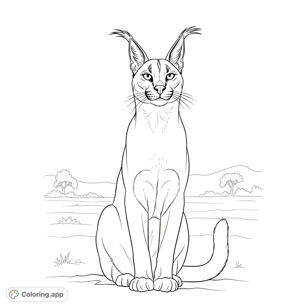 A majestic caracal sits poised with tail curled around its paws, showcasing its iconic tufted ears. A minimal background highlights the feline's grace.