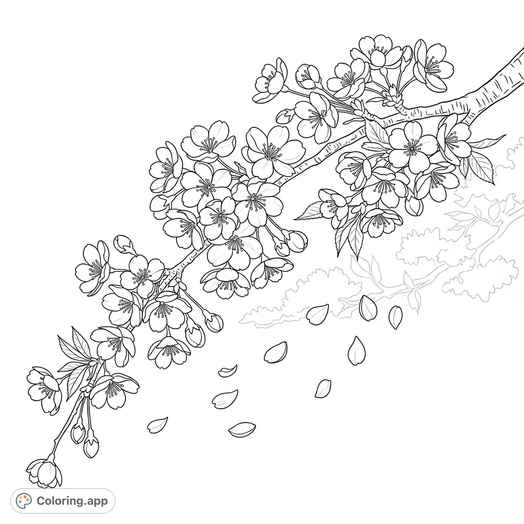A serene coloring page featuring a delicate cherry blossom branch with full blooms and falling petals, set against a soft, implied background.