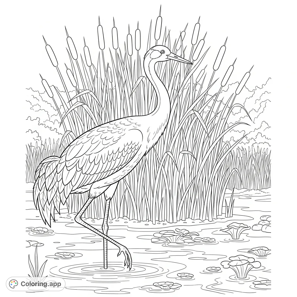 An elegant crane stands amidst tall reeds in a serene wetland scene, offering a peaceful and detailed nature coloring experience for all ages.