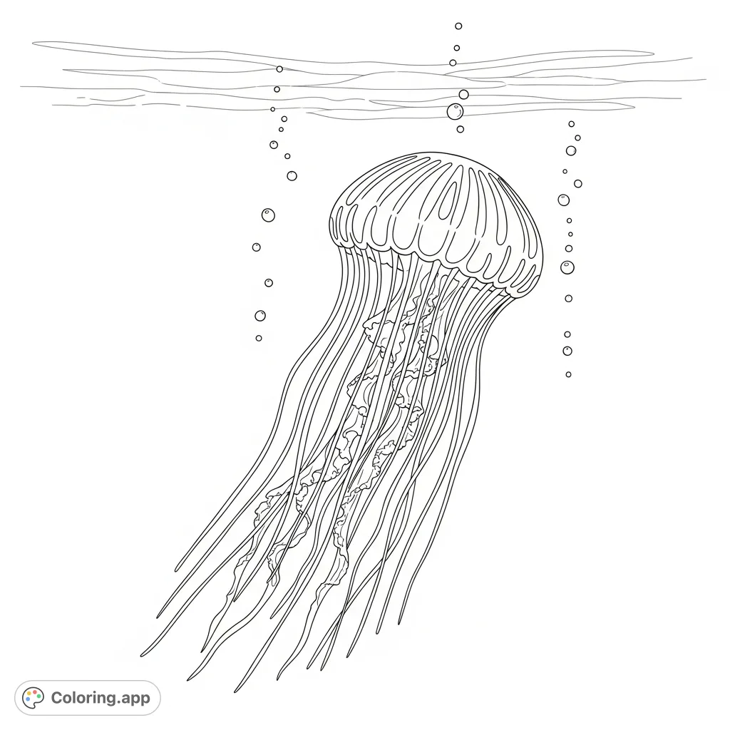 Dive into tranquility with this elegant jellyfish coloring page. Its bell and long, flowing tentacles offer a peaceful, detailed scene for creative expression.