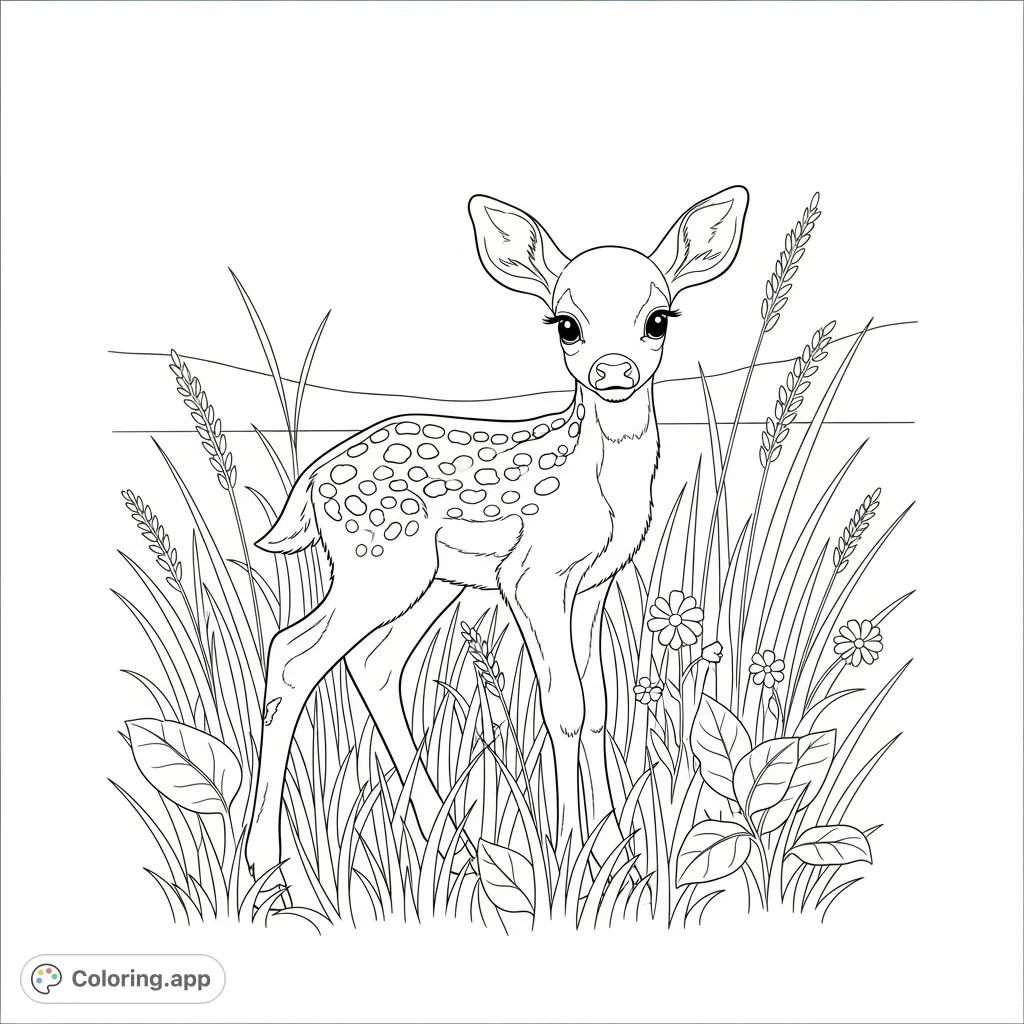 A charming baby deer, or fawn, stands gracefully amidst a field of tall grass and wildflowers. Features delicate details perfect for mindful coloring.