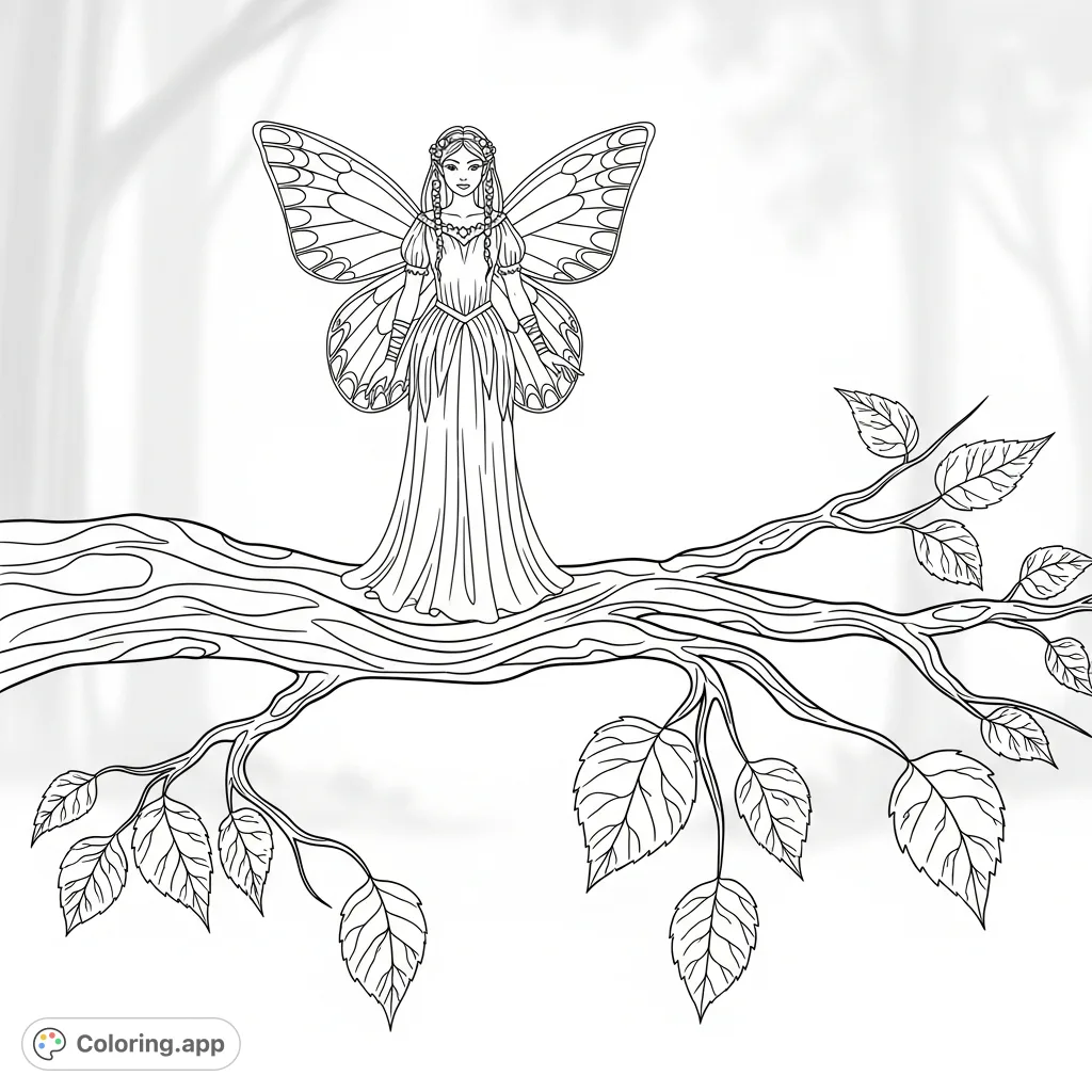 A magical fairy with delicate wings stands on a textured tree branch amidst gently falling leaves. A serene forest scene perfect for imaginative coloring.