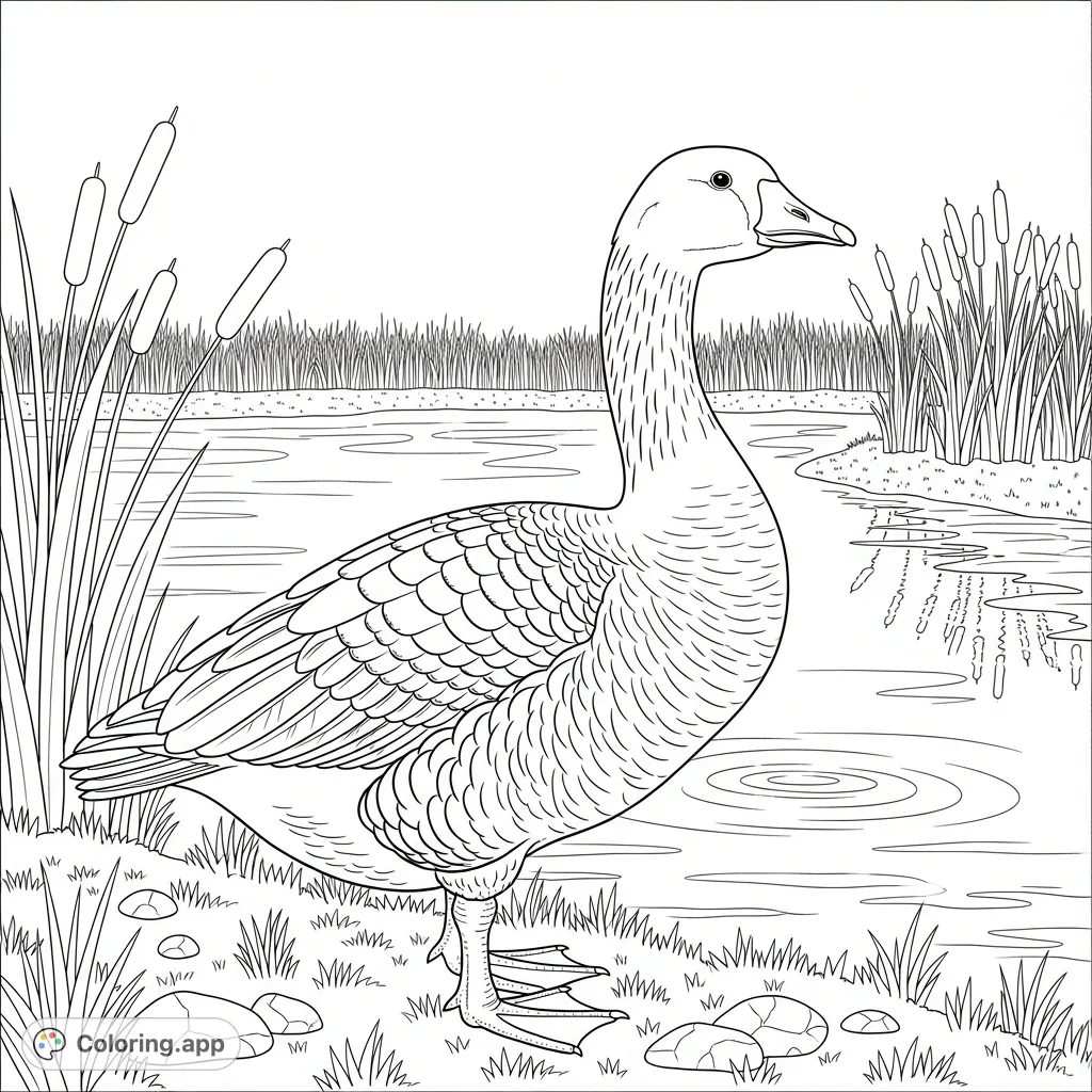 A serene coloring page depicting a graceful goose standing at the tranquil pond's edge, surrounded by natural reeds and grassy banks, inviting calm.