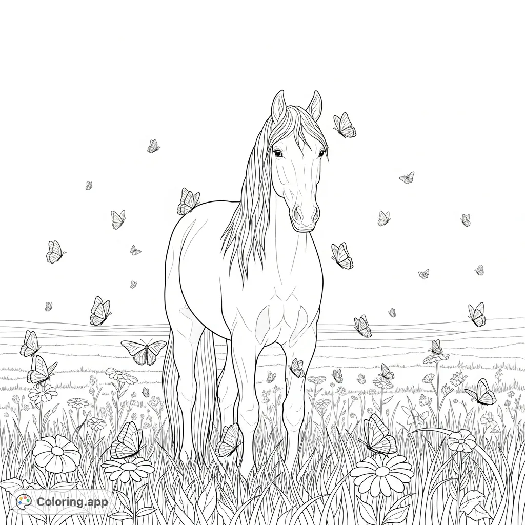 Color a magnificent horse standing in a sun-drenched field teeming with delicate butterflies and wildflowers. A serene scene for mindful coloring.
