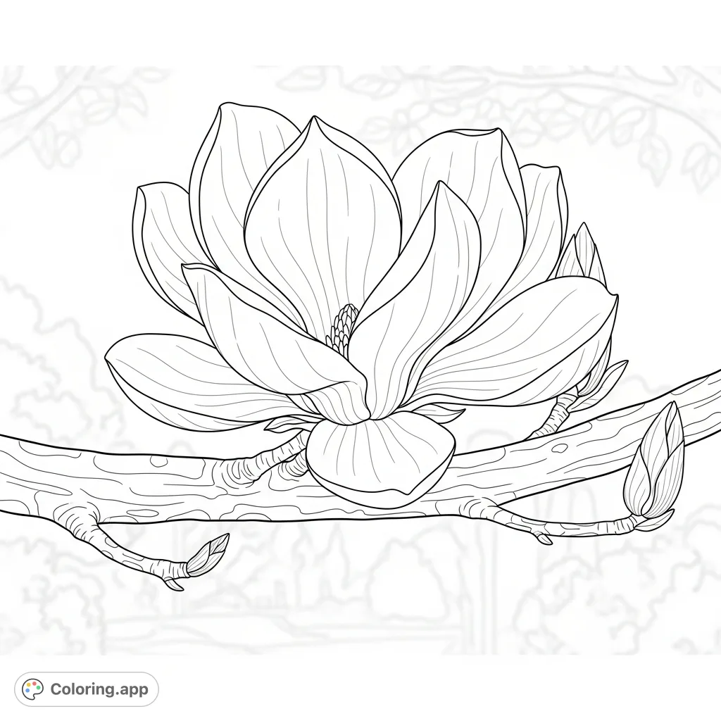 A detailed coloring page featuring a prominent magnolia bloom with broad, overlapping petals on a sturdy, textured tree branch, set against a soft background.