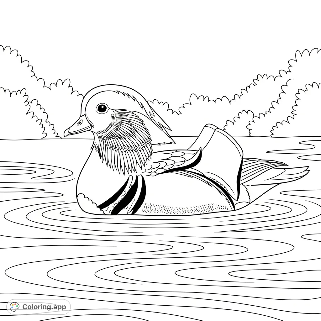 A graceful mandarin duck glides on water with stylized ripples and simple foliage in the background, offering a serene nature coloring experience.