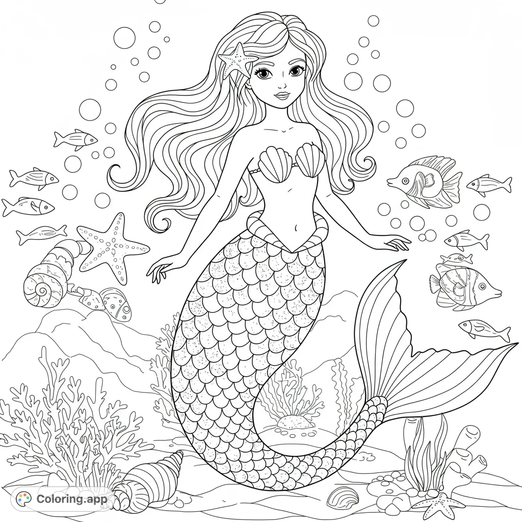 Dive into an enchanting underwater world with this beautiful mermaid coloring page, surrounded by playful fish, seashells, and flowing coral.