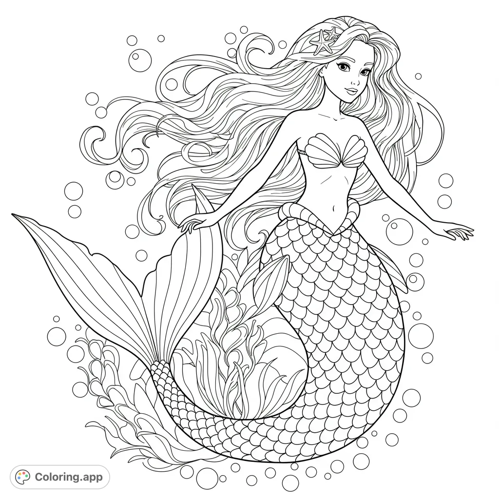 Dive into an enchanting mermaid coloring page featuring a beautiful siren with flowing hair, seashell top, and intricate scaled tail amidst bubbles and seaweed.