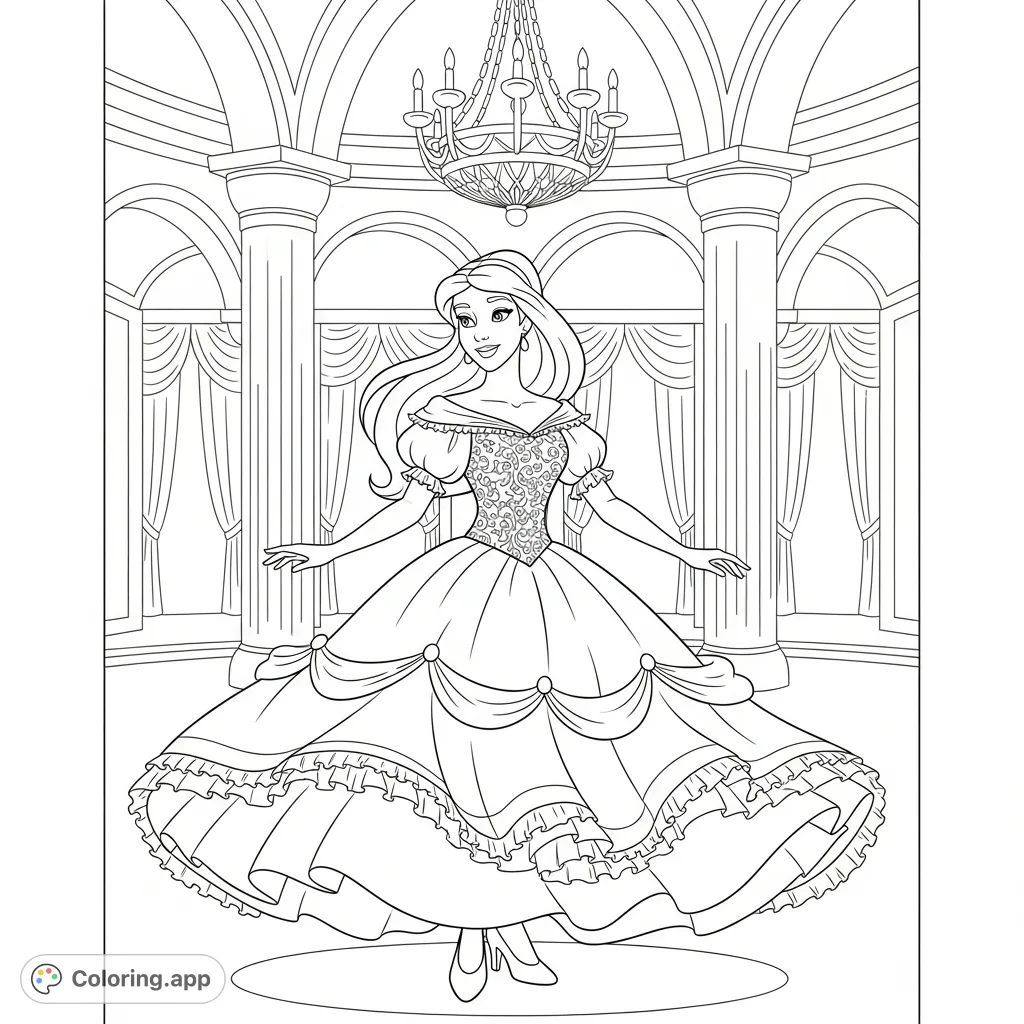 An elegant princess gracefully twirls in a voluminous ballroom gown, featuring intricate details on her dress, a shimmering tiara, and a regal setting with chandeliers.