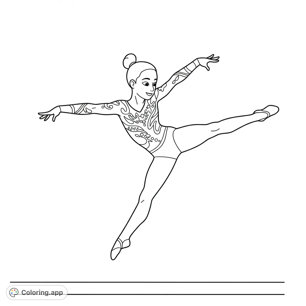 Dynamic rhythmic gymnast in a graceful mid-air leap, featuring an intricately patterned leotard. Perfect for sports enthusiasts and aspiring athletes.