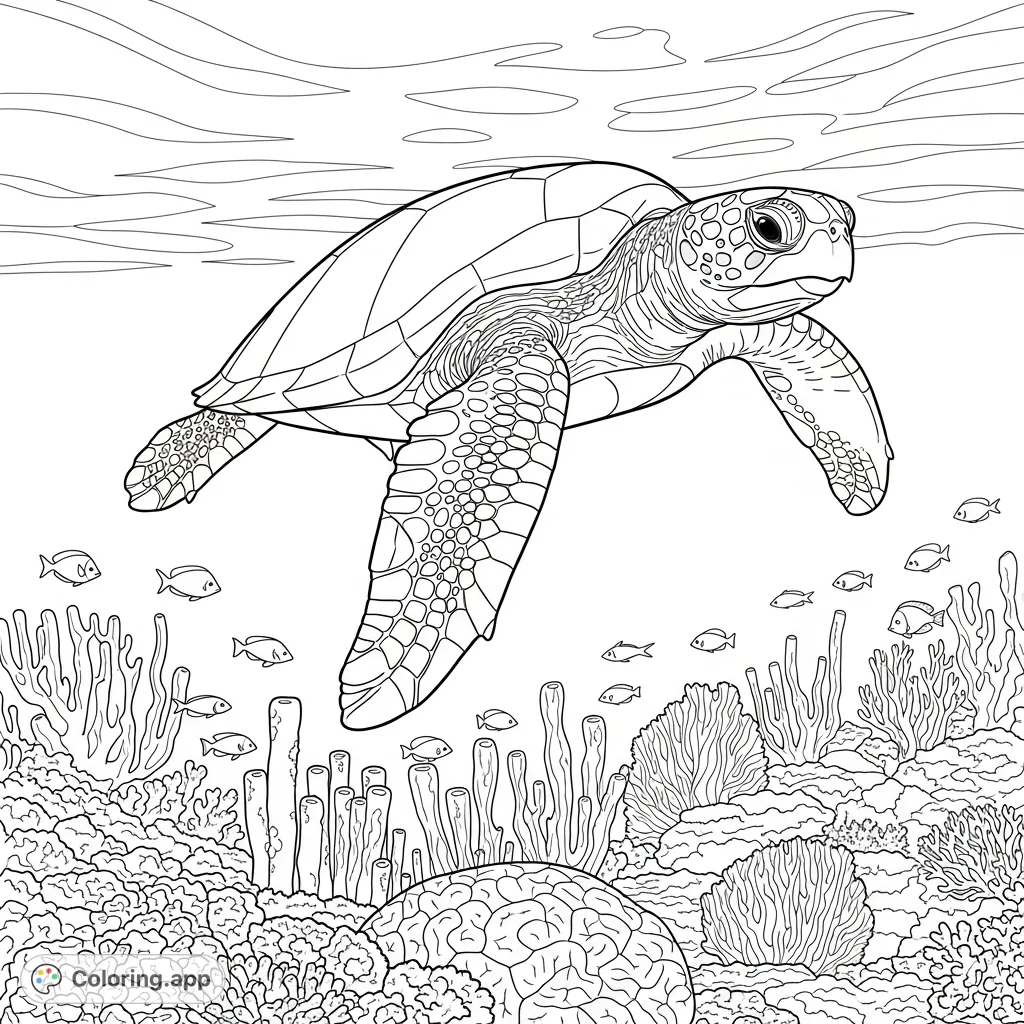 Dive into an underwater world! A magnificent sea turtle glides above a vibrant coral reef teeming with diverse marine life. Explore intricate patterns and shapes.