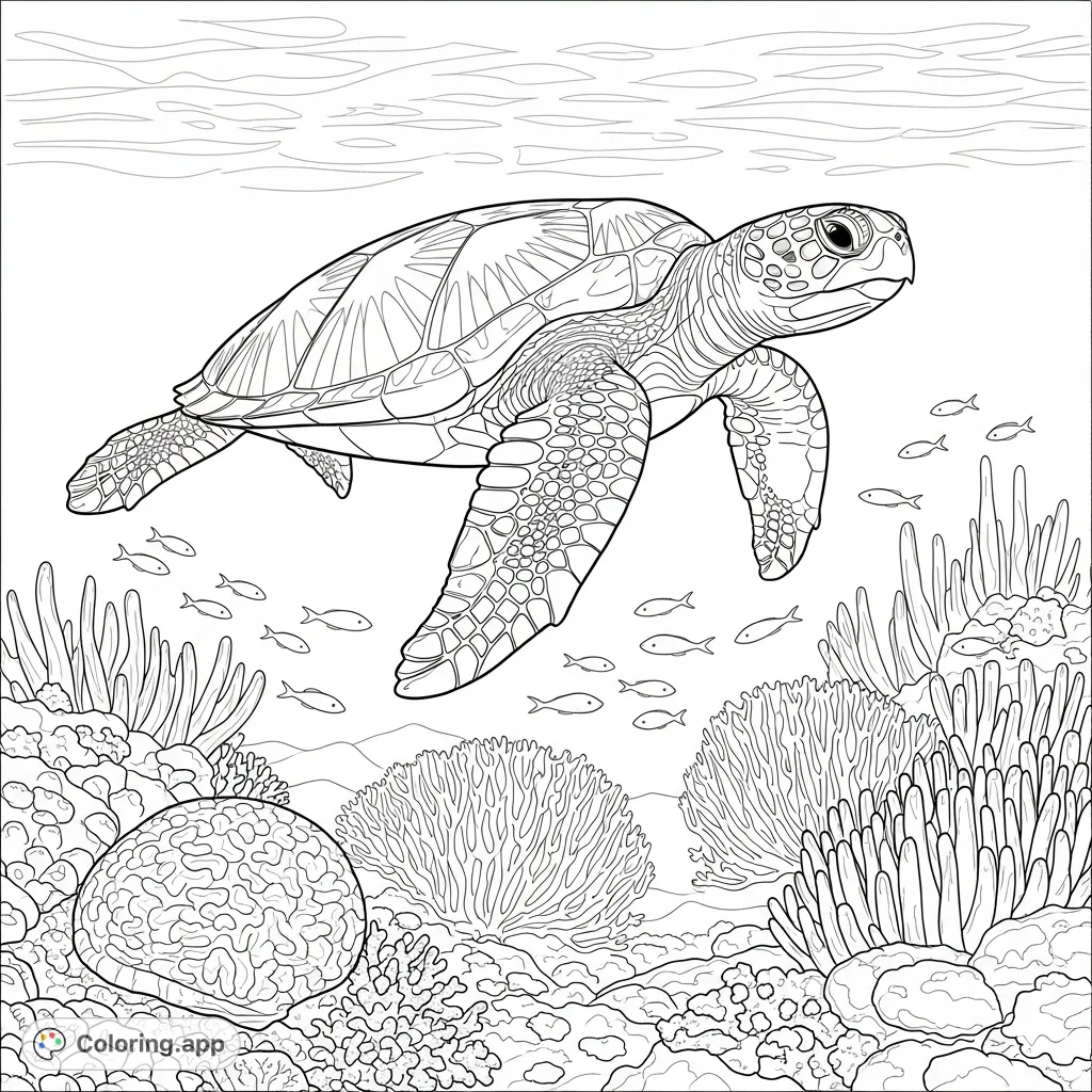 A stunning coloring page featuring a sea turtle swimming over a detailed coral reef, teeming with various coral types and small fish.
