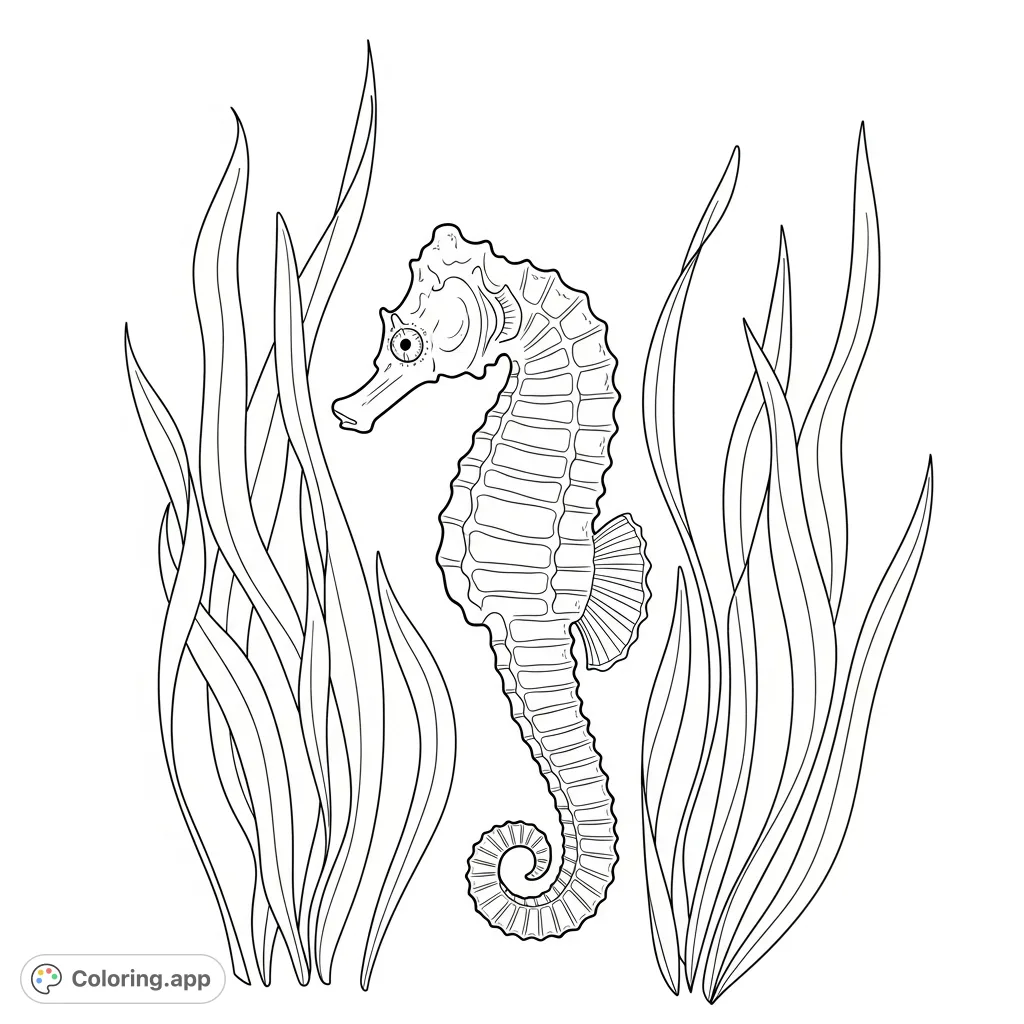 A charming coloring page featuring a graceful seahorse floating amidst an intricate underwater garden of tall, swaying sea plants, perfect for all ages.