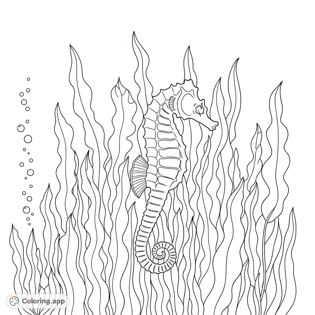 Dive into an enchanting underwater world! Color a majestic seahorse gracefully floating amidst tall, flowing seaweed and delicate bubbles in this captivating marine scene.