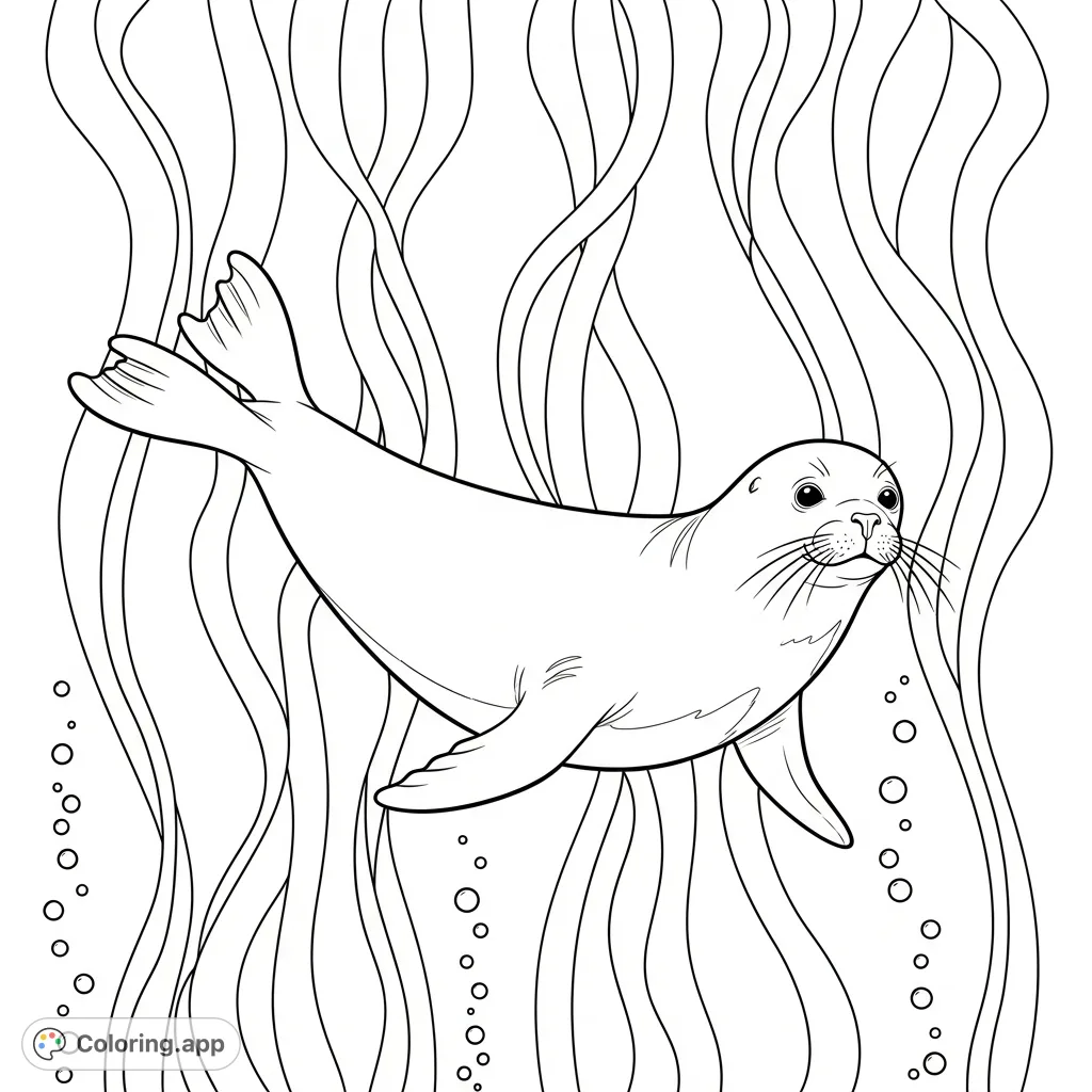 A tranquil underwater scene featuring a sleek seal swimming amidst simplified, flowing kelp strands and rising bubbles, perfect for nature lovers.