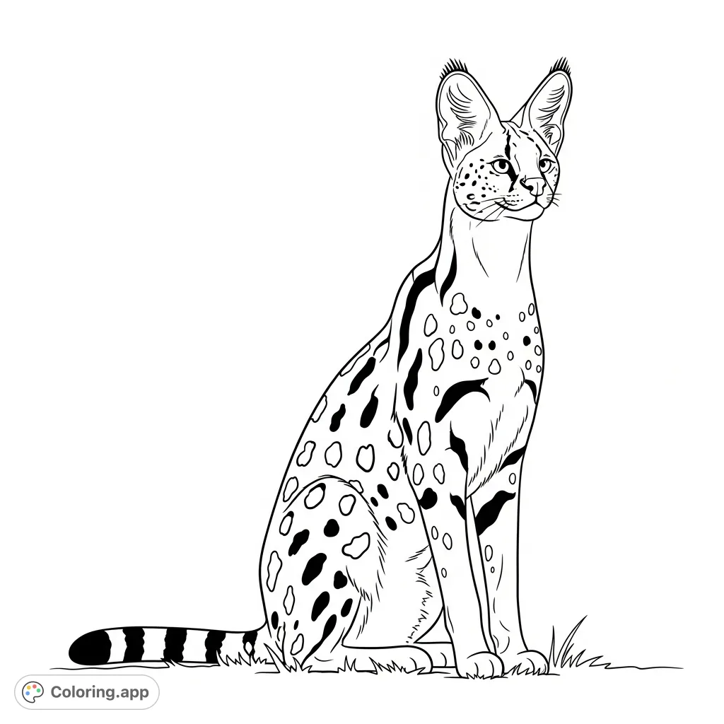A majestic serval sits gracefully, showcasing its distinctive large ears and simplified spotted coat, set against a subtle natural backdrop for creative coloring.