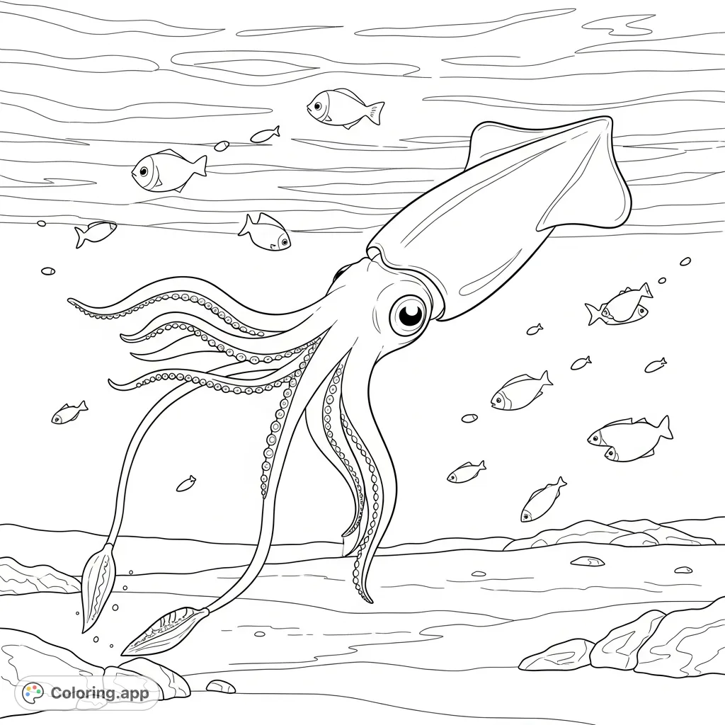 An intricate coloring page featuring a graceful squid with long arms reaching for delicate, scattered plankton in a tranquil underwater environment.