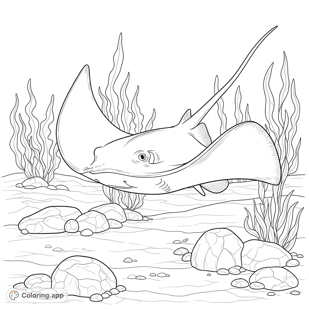 A graceful stingray glides low over a serene seabed, surrounded by textured rocks and gently swaying aquatic plants. An inviting underwater scene.