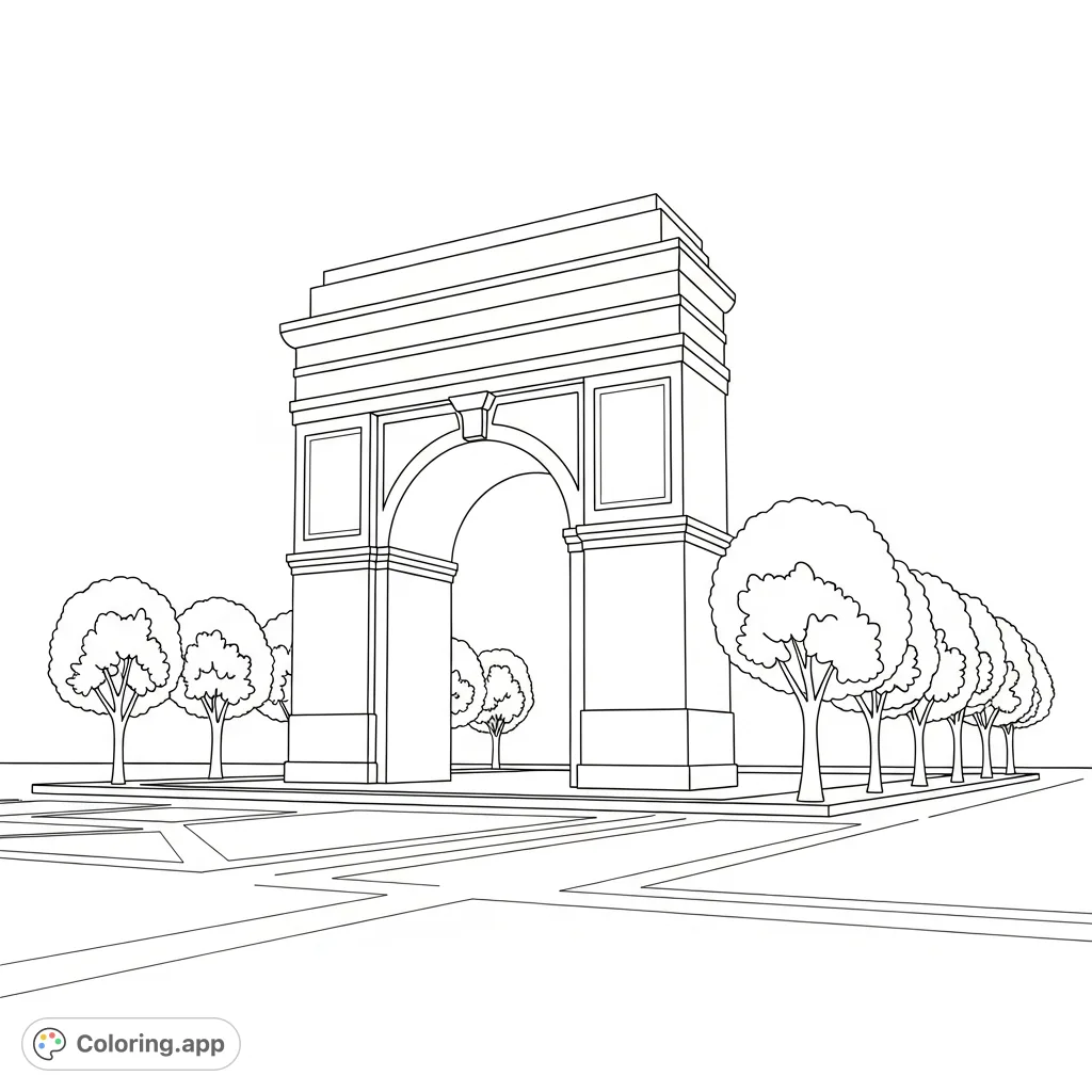 Color a majestic arch monument amidst a spacious plaza, flanked by elegant trees. A calming scene offering a blend of architectural form and natural beauty.