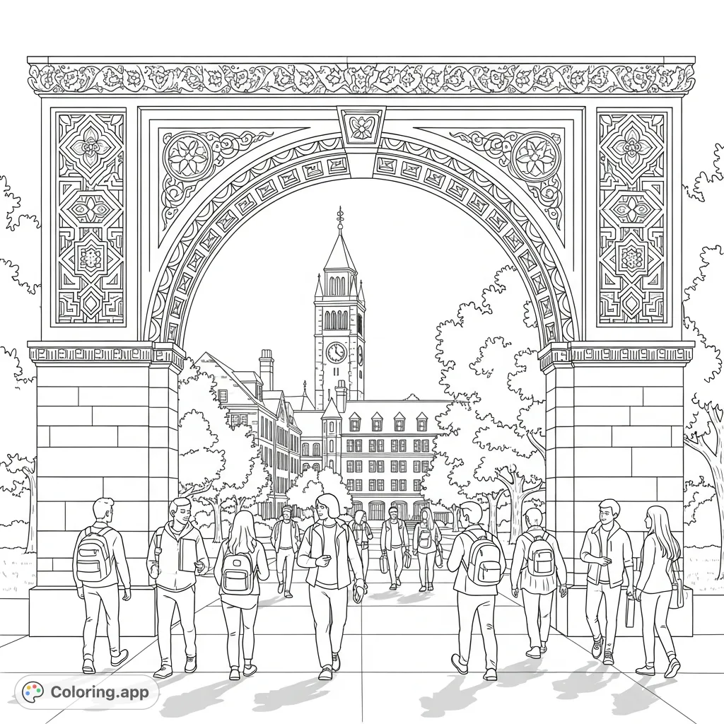 Discover a detailed campus scene through a grand archway, featuring students, a clock tower, and intricate architecture. A challenging coloring page for all!