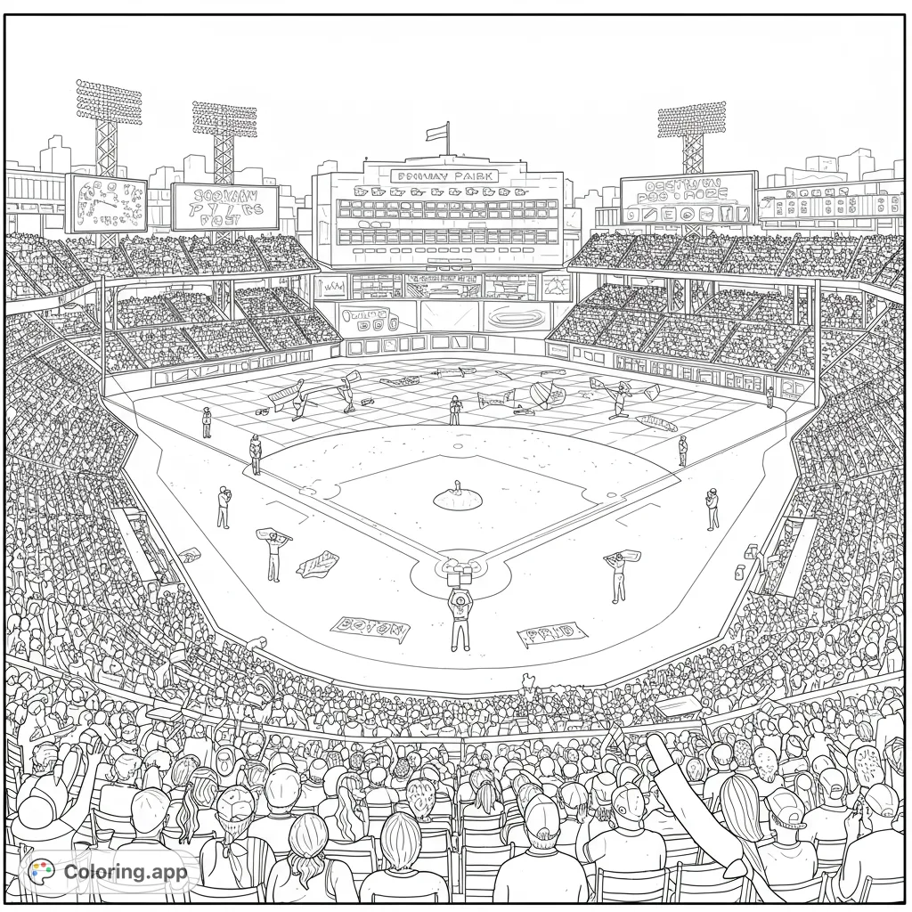 Immerse yourself in a grand baseball stadium coloring page, featuring a packed crowd, detailed field, and towering city skyline. A free printable coloring page for sports fans.