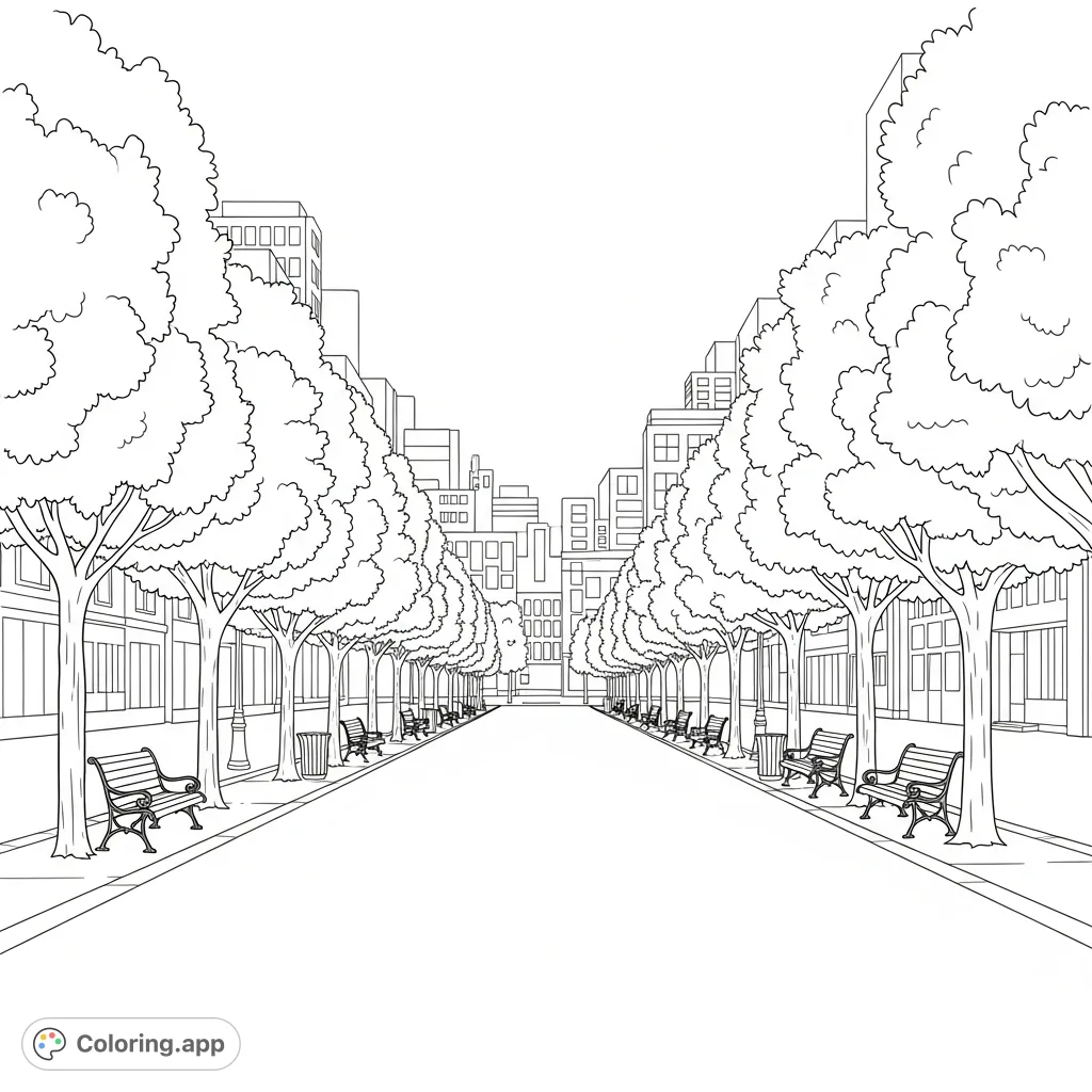 Explore a charming urban landscape with a wide boulevard, stately trees, and inviting benches. Simple distant architecture adds depth to this versatile coloring page.