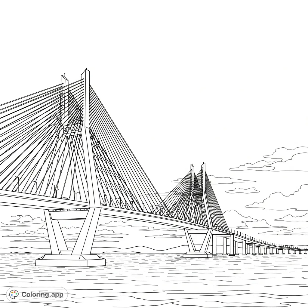 An intricate coloring page featuring a magnificent cable-stay bridge with detailed towers and cables, spanning calm waters under an expansive sky.