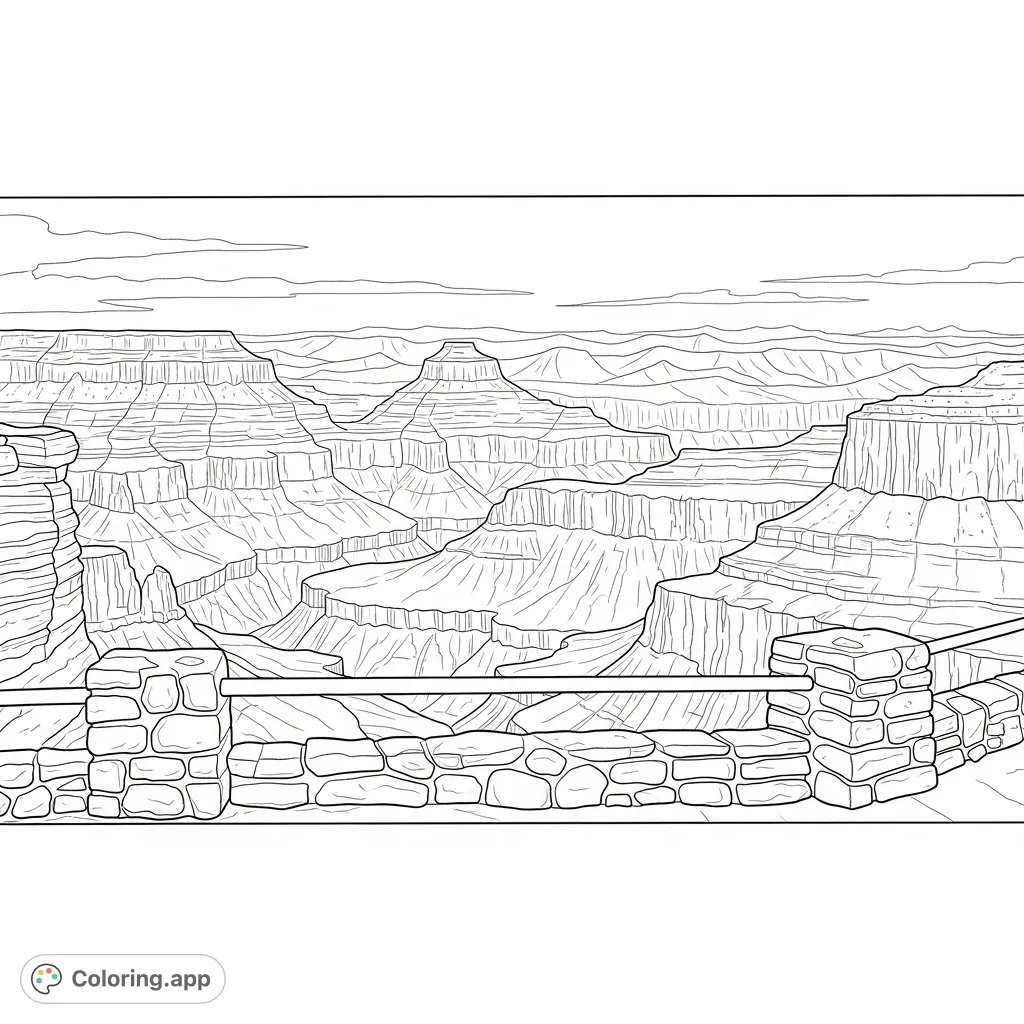 Experience the breathtaking grandeur of a canyon overlook. Color vast rock formations, distant mesas, and ridges under a minimal sky.