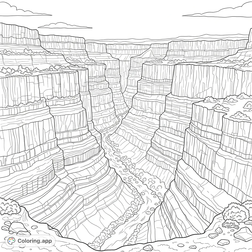 Explore a majestic canyon with towering, layered rock walls and a winding river below. This detailed scene is perfect for nature lovers to bring to vibrant life.