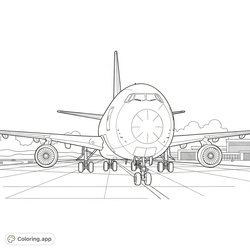 A detailed coloring page featuring a large cargo-style airliner parked on a tarmac, highlighting its distinctive nose door outline and airport setting.