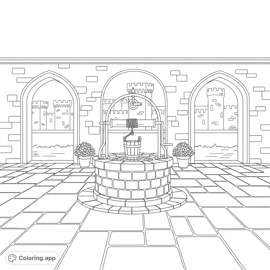 Explore a majestic castle courtyard featuring a detailed stone well, grand archways, and flagstone floor. Perfect for architectural enthusiasts.