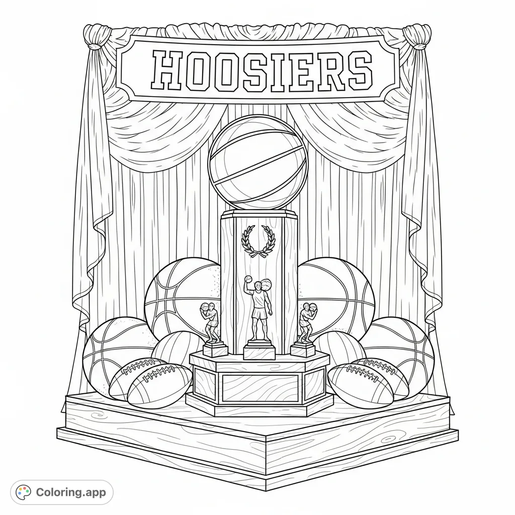 A grand championship trophy with intricate details, surrounded by basketballs and footballs on a polished wooden stand, set against drapes and a 'Hoosiers' banner.