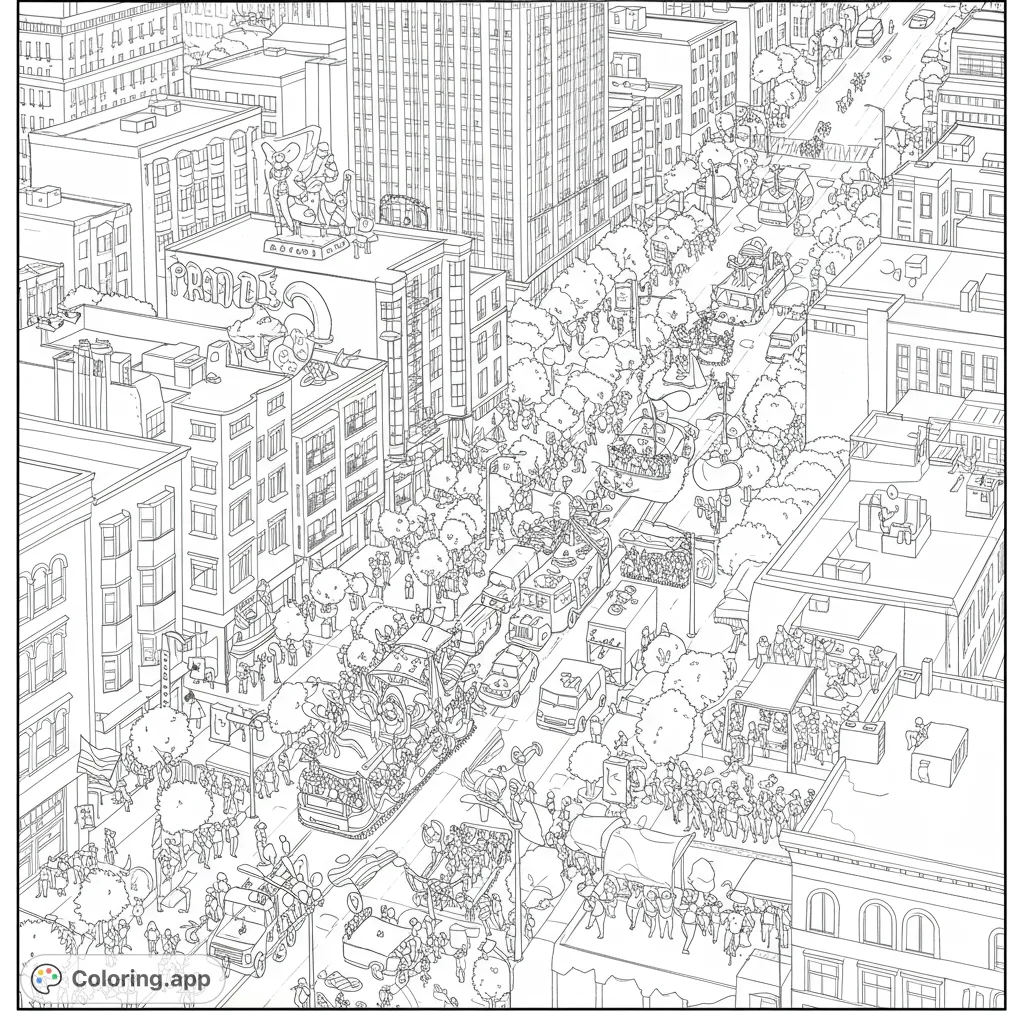 Immerse yourself in a vibrant city parade coloring page, featuring elaborate floats, cheering crowds, and detailed urban architecture. A lively street scene awaits your colors!