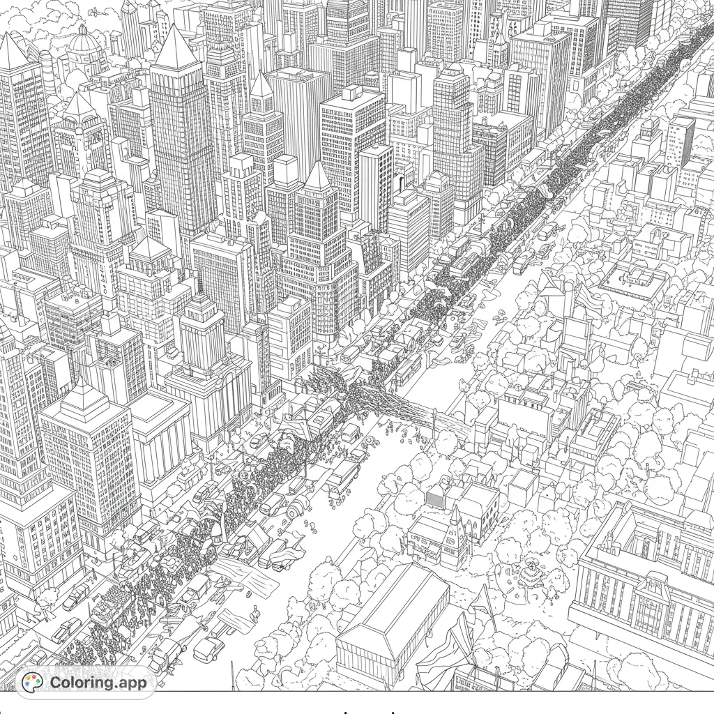 An intricate cityscape coloring page featuring a grand parade with towering skyscrapers, bustling streets, and a massive crowd, perfect for detailed coloring.
