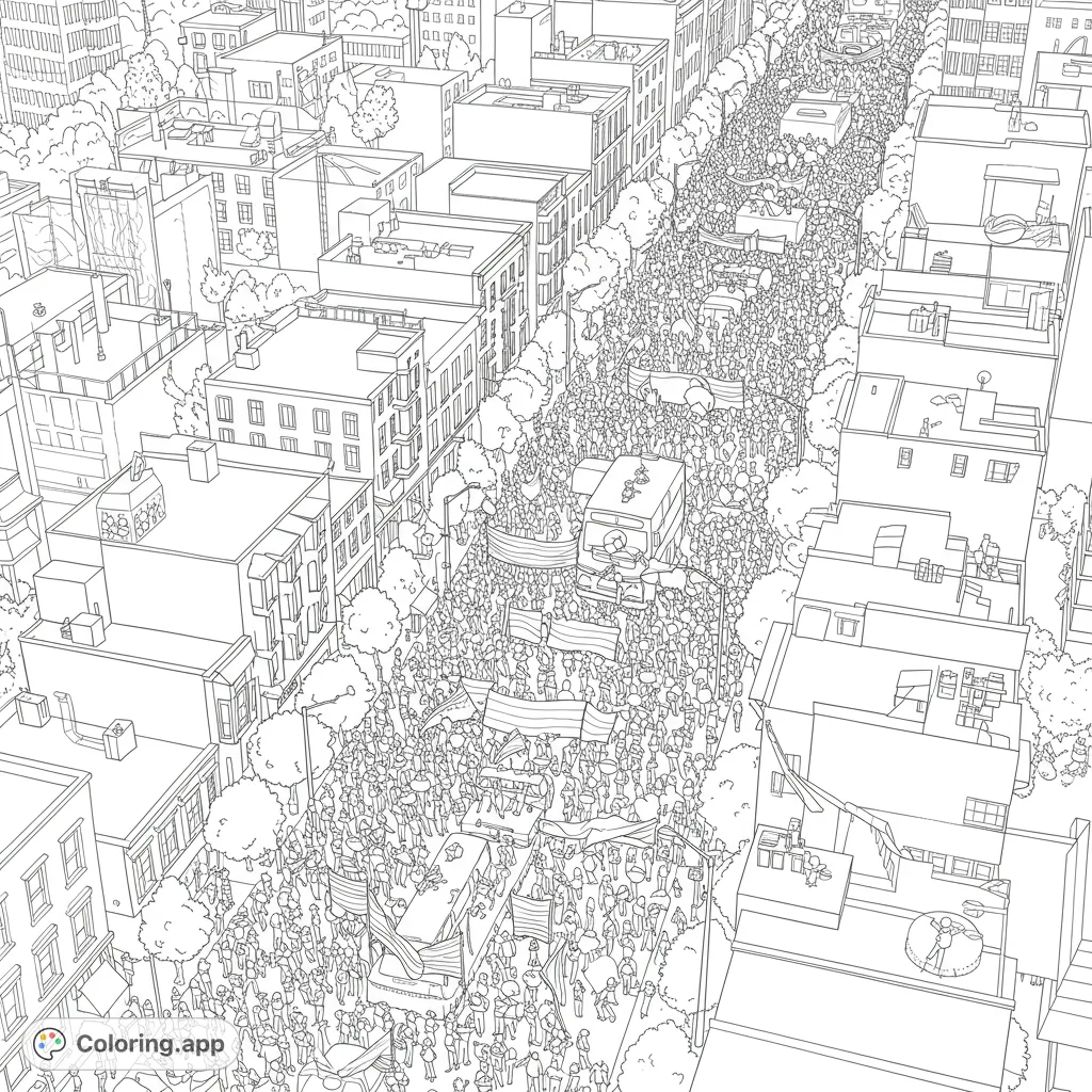 An intricate aerial view of a bustling city street parade, featuring a massive crowd, floats, and buildings. A detailed free printable urban celebration coloring page.