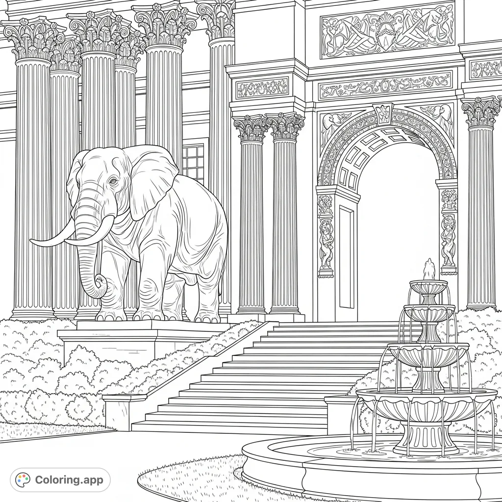 An imposing elephant statue guards a classical collegiate building, featuring ornate columns, a grand archway, sculpted bushes, and a multi-tiered fountain.