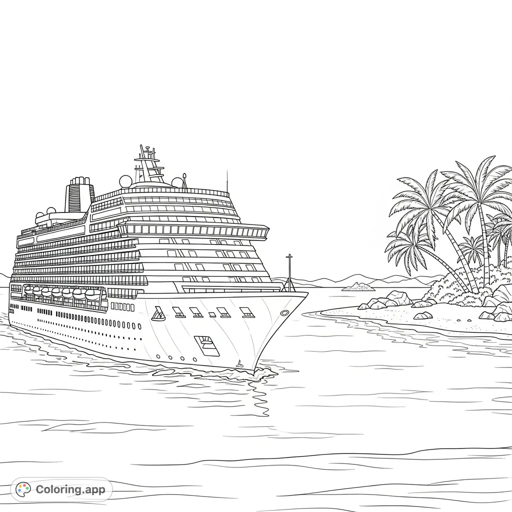 Glide across the ocean with a majestic cruise ship heading towards a tropical island. Perfect for a relaxing and detailed coloring adventure.