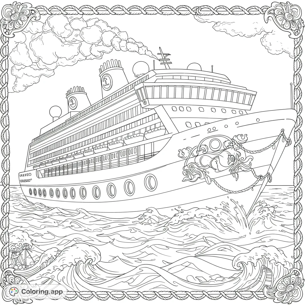 A grand cruise ship sails through dynamic waves, framed by an ornate border. Perfect for a detailed nautical adventure coloring page.