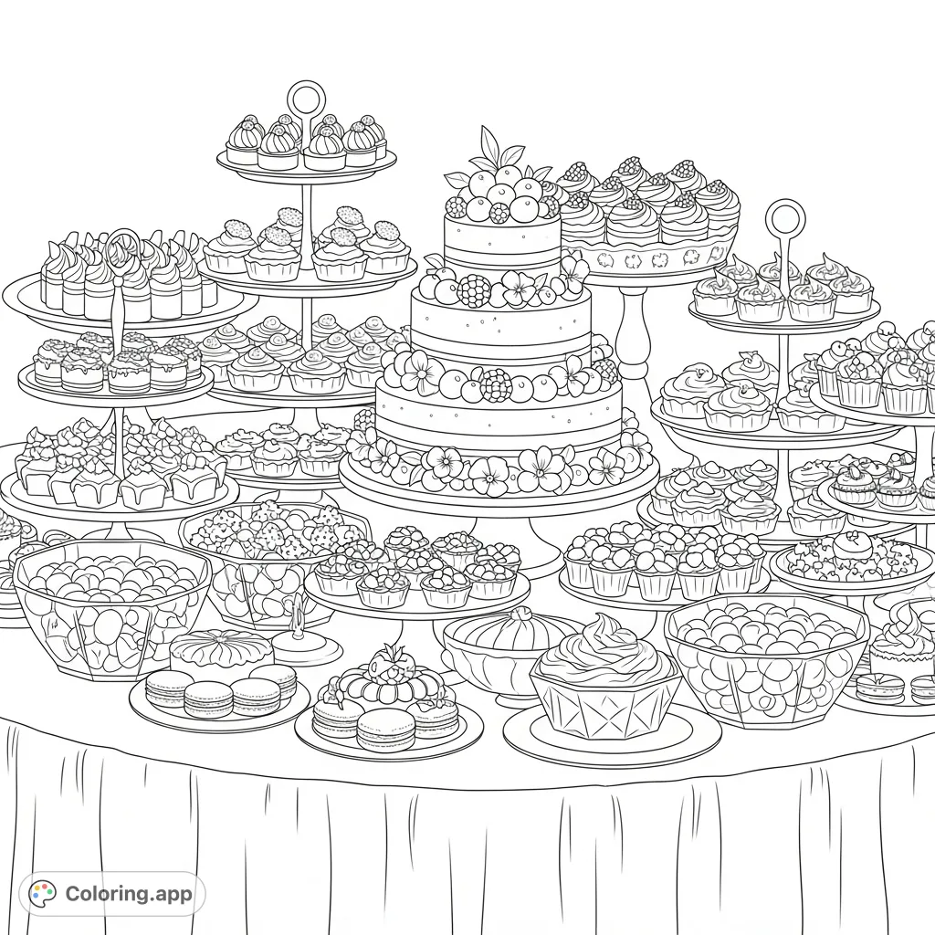 Indulge in a lavish dessert buffet coloring page, featuring a grand multi-layered cake, delicate pastries, macarons, and fruit bowls on a draped tablecloth.
