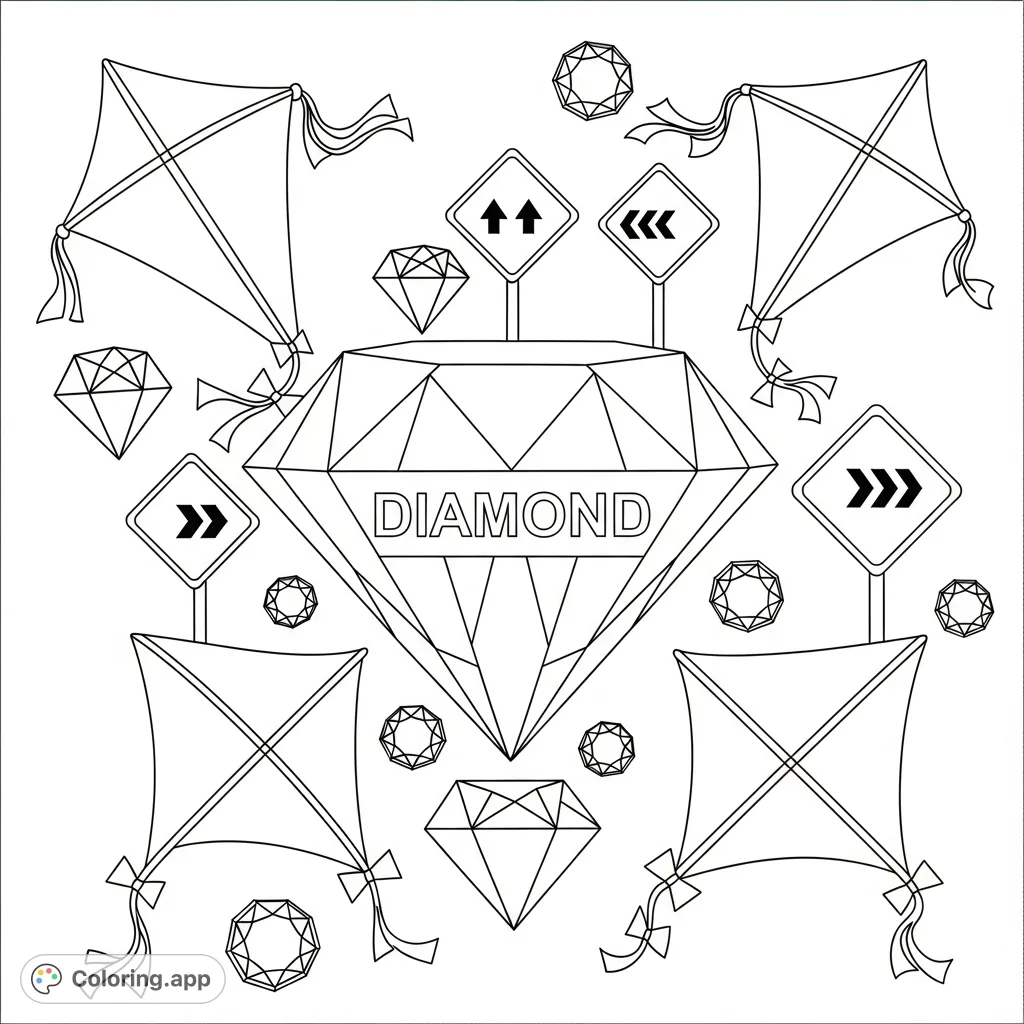 A central diamond labeled "Diamond," surrounded by kite shapes, diamond road signs, and faceted gem outlines for a sparkling geometry coloring page.